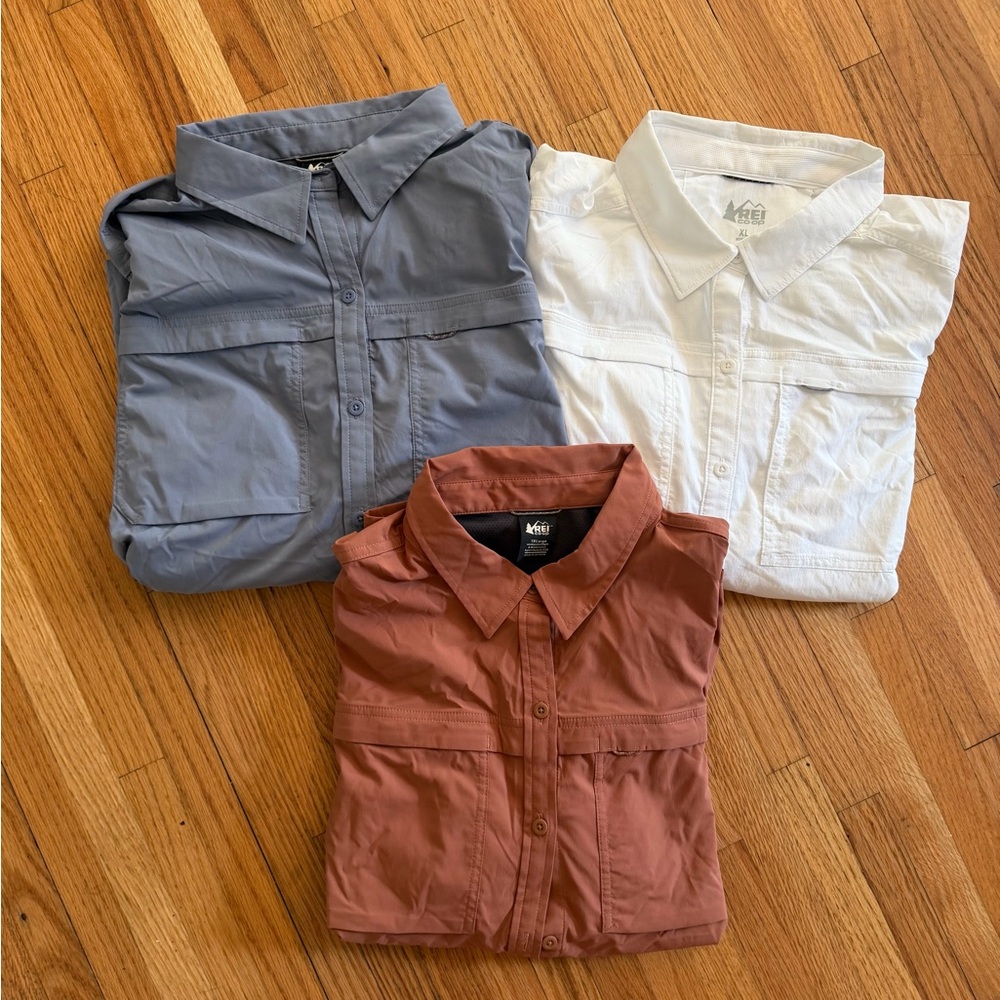 REI Men’s Lightweight Button-Front Shirt Jacket in White, Slate, Rust